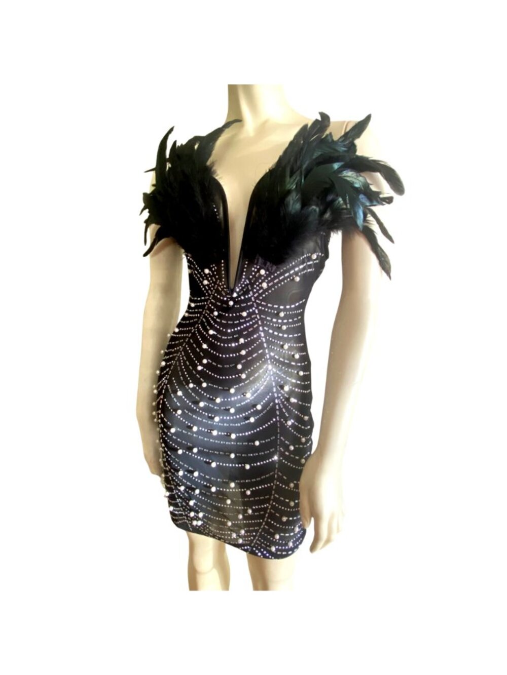 size S beaded thin bodycon black sheer mini dress feather chest detail c-thru - Picture 4 of 9